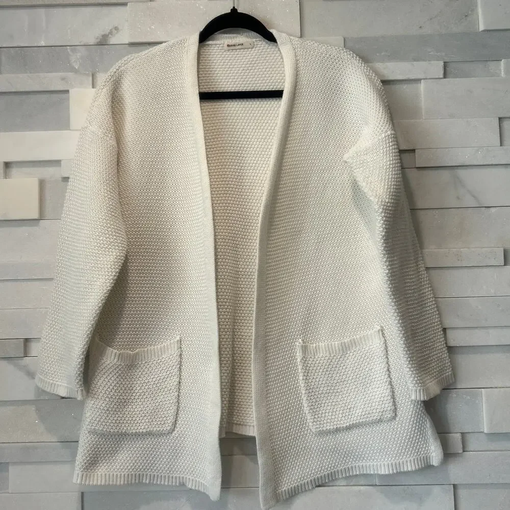 MARINE LAYER Catalina Knit Open Front 100% Pima Cotton White Cardigan Pockets L